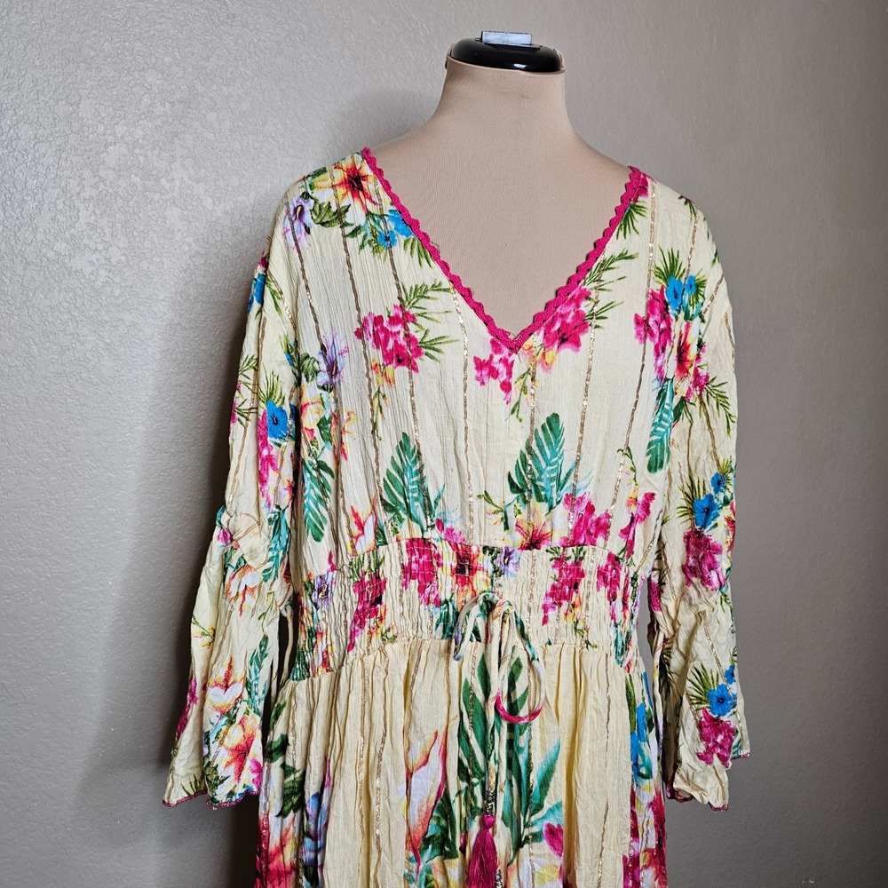 Boho Floral Cream Maxi Dress with Pink Trim - Picture 3 of 12